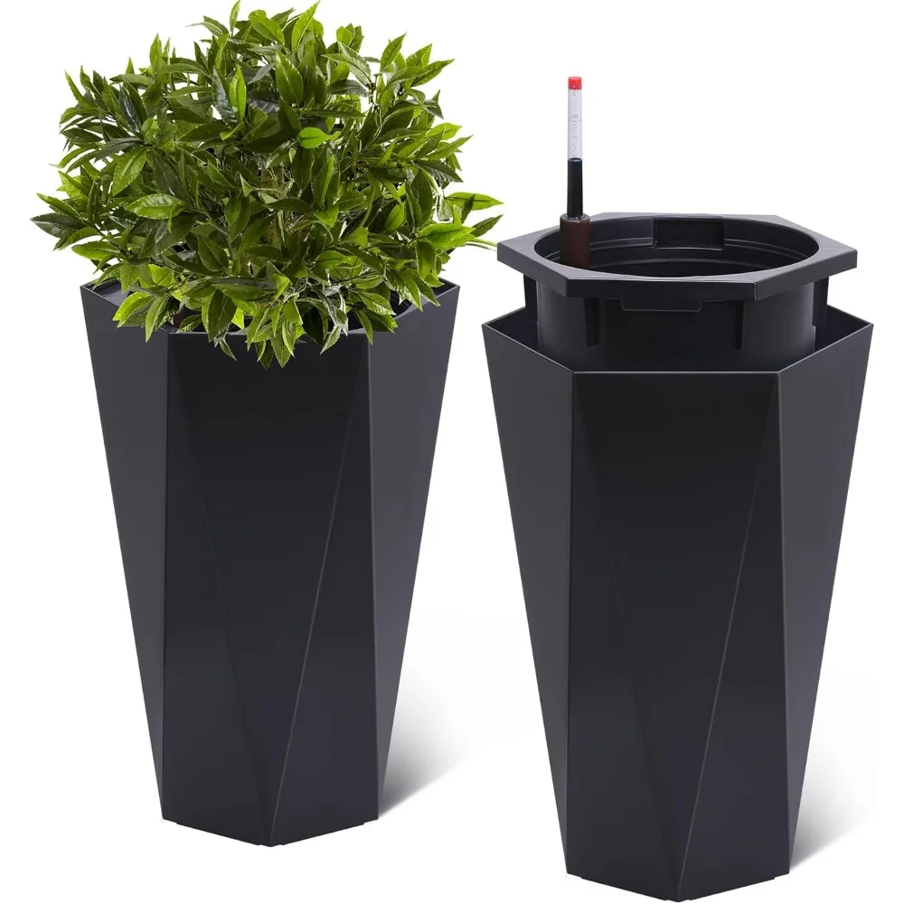 22.4 Inch Tall Planters Set of 2, Large Flower Pot Outdoor and Indoor, with 2 Trays and a Water Level Monitor and Wheels