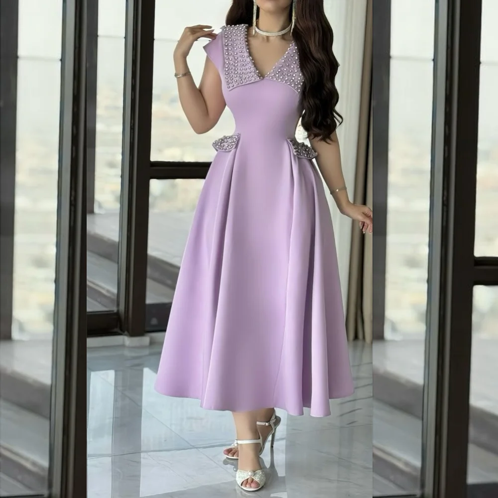 Customized Elegant Jersey Pleat Sequined A-line V-neck Midi Dresses Party Bespoke Occasion Fashion Chinese Style