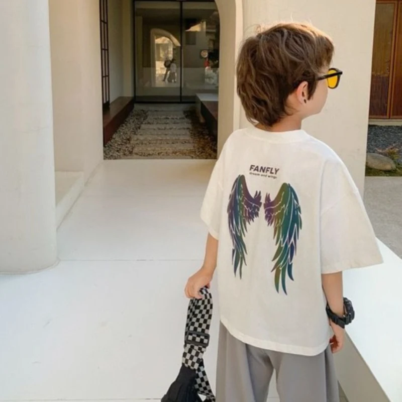 

2026 New Summer Boys' Laser Wings Pure Cotton T-Shirt Trendy Streetwear Top