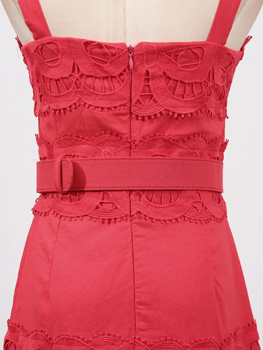 VGH Solide Elegante Verstärktes Aushöhlen Kleid für Frauen Quadrat Kragen Ärmellose Patchwork Schärpen Hohe Taille Bodycon Kleider Weibliche – Detail 21