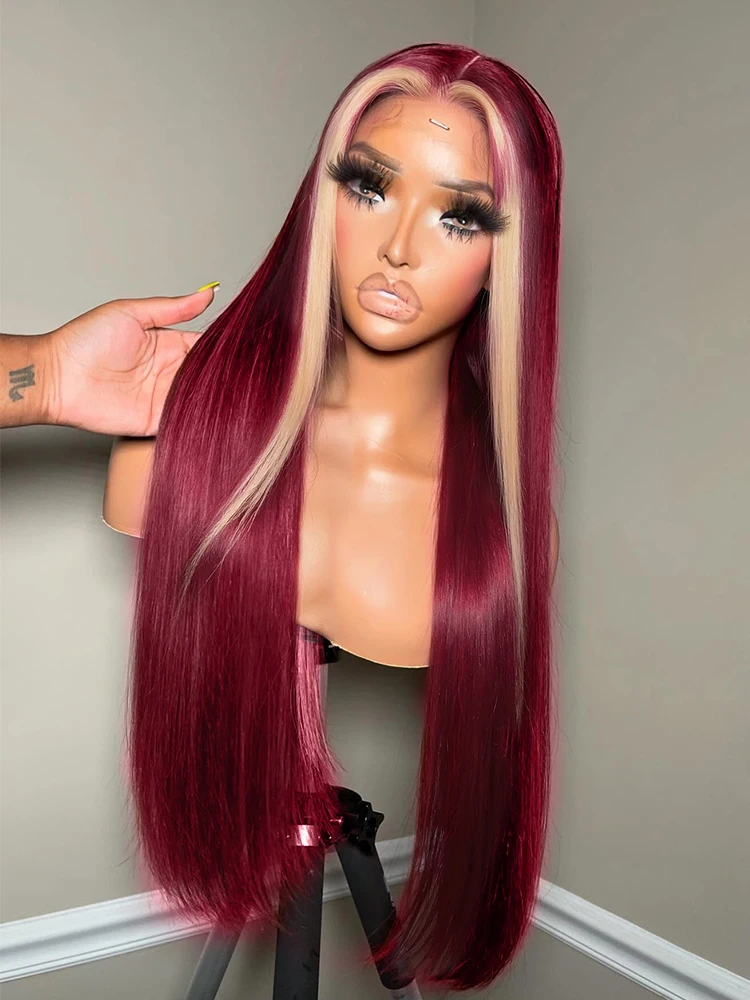 

13x4 99J Burgundy 613 Highlighted Wig Straight HD Transparent Lace Frontal Wig Human Hair Brazilian Pre Plucked Wigs For Women