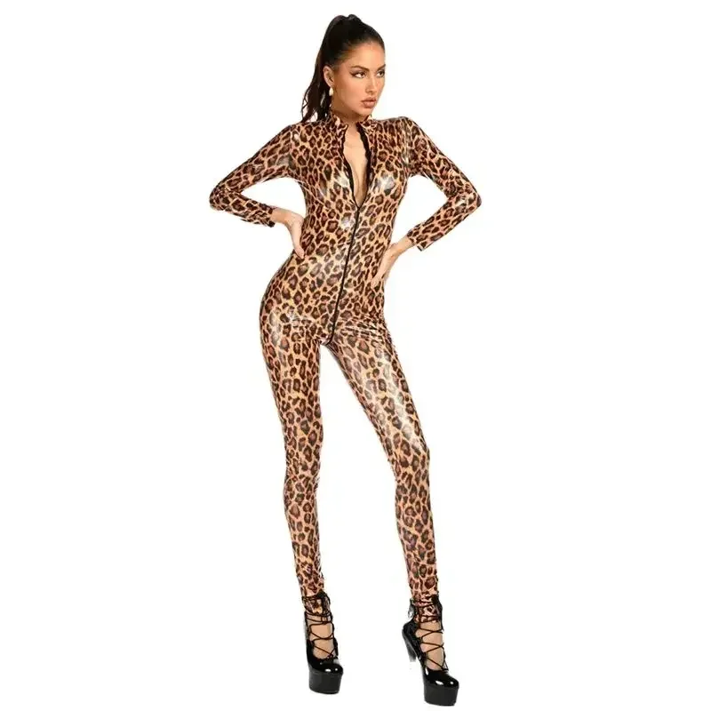 Fashion Leopard Print Glossy Patent Leather Jumpsuit Women Slim Long Sleeve Front Zipper Open Crotch Female Rompers Pencil Pants