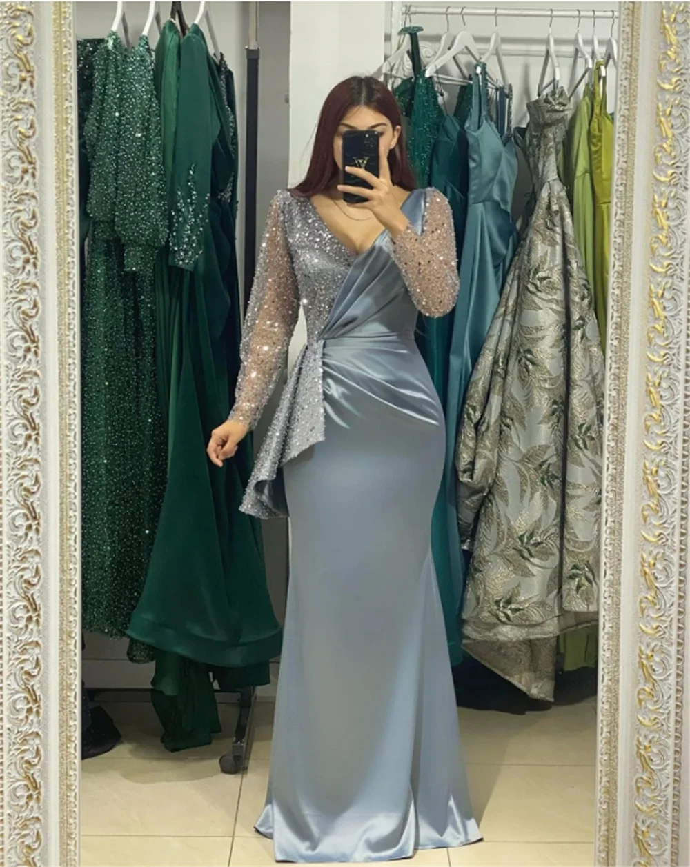 

Shiny V-Neck Formal Dress Long Sleeve Shiny Sequin Mermaid Satin Pleats Evening Gown 2024 New Prom Dress Party dress robes de so
