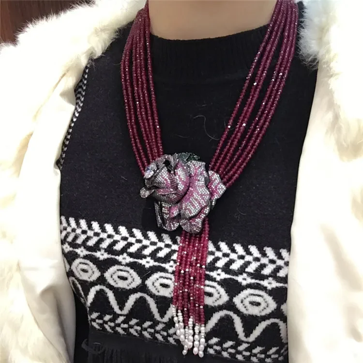 6 Rows Natural Purple jage Rose Flower Clasp DIY Women Short Multi - Layer Necklace