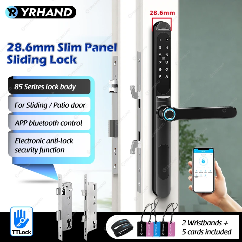 

YRHAND IP66 Waterproof Fingerprint TTLock Bluetooth APP RFID Card Code Keyless Electronic Smart Door Lock Aluminum/Glass Sliding