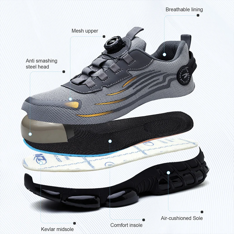 Rotary Button New Safety Shoes for Men Fashionable Men's Sports Shoes and Safety Pro Anti-Impact and Anti-Piercing Work Shoes
