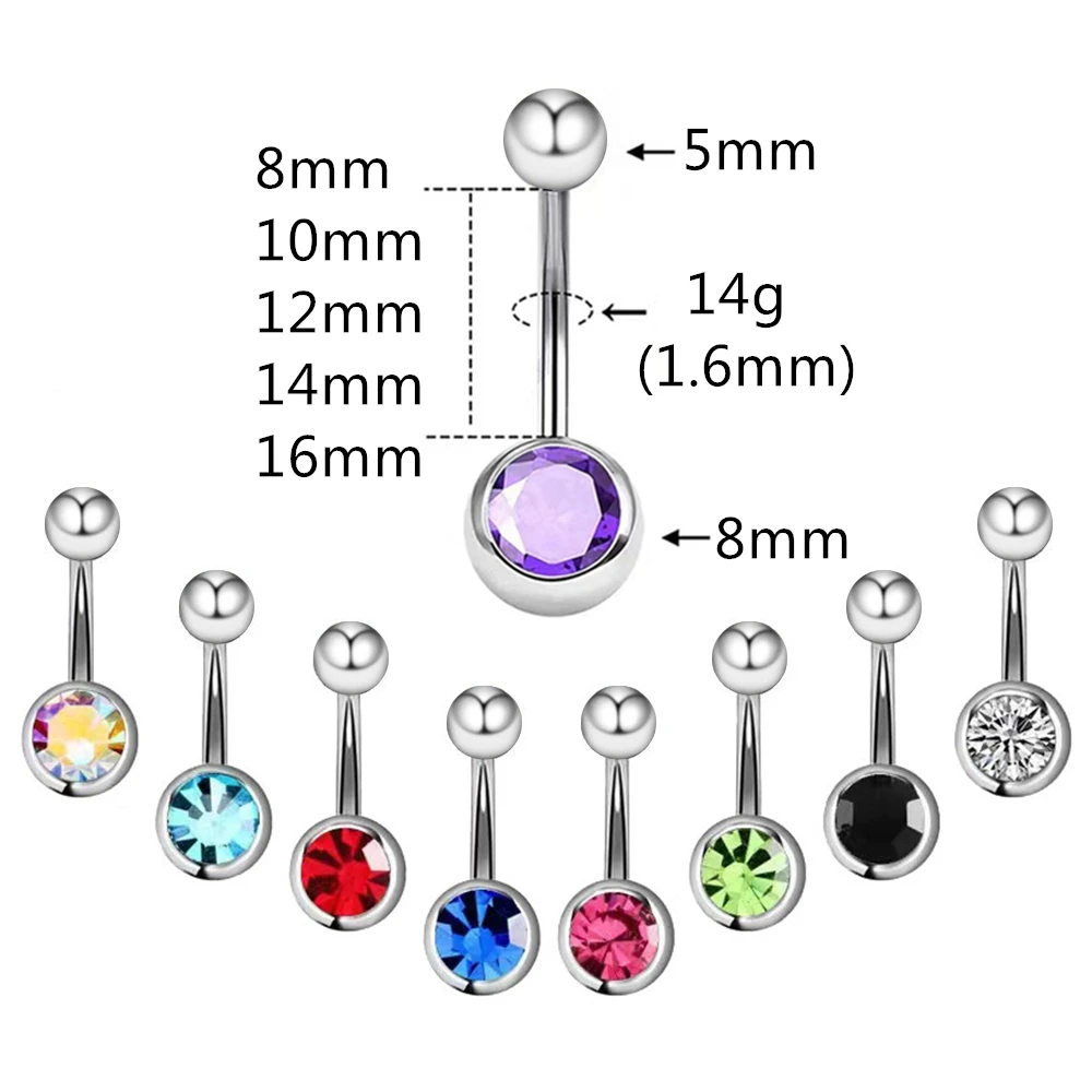 14g 1.6mm cristal umbigo anel de aço 5mm 8mm bola 8mm - 16mm barra curvada barra piercing jóias