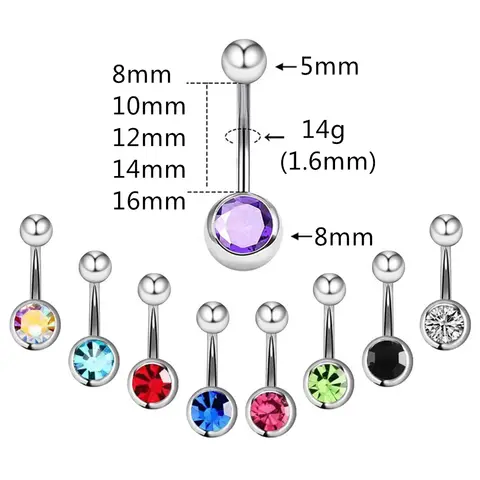 14g 1.6mm Crystal Belly Button Navel Ring Steel 5mm 8mm Ball 8mm - 16mm Bar Curved Barbell Piercing Jewellery