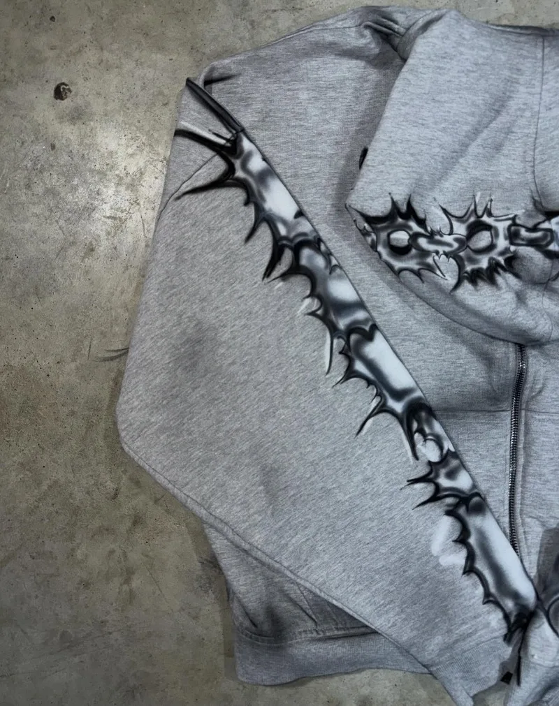 العصرية العلامة التجارية الهيب هوب Harajuku الرجعية المتضخم قلنسوة بسحاب النساء شارع العليا روك Y2K عادية مخطط طباعة فضفاض البلوز الرجال #3