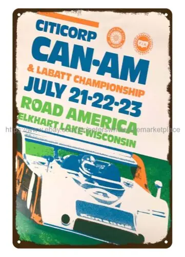 design interior 1972 Can-Am race at Elkhart Lake auto car racing metal tin sign