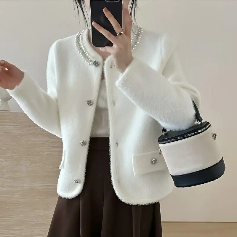 

Осенне-зимний женский кардиган с блестками и бисером, круглым вырезом на пуговицах и длинными рукавами, повседневный элегантный модный топ