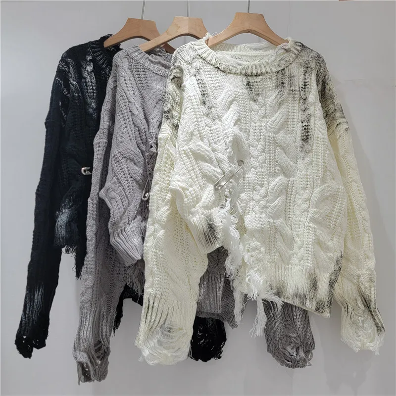 Damen-Pullover Gestrickte Rundhalspullover mit Langen Ärmeln Y2k Streetwear Elegante Lochmuster-Strickpullover Lässig Locker 2026