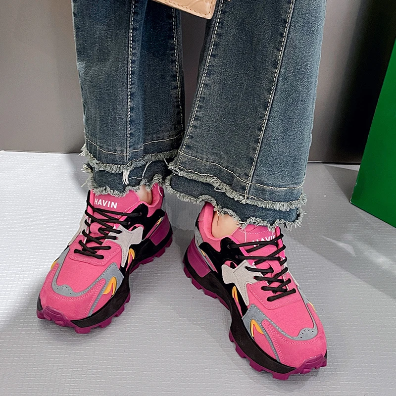 Women Colored Chunky Sneakers Vulcanized Shoes Female Platform Sneakers Lace Up Thick Soles Non-slip Casual Sports Shoes 2024