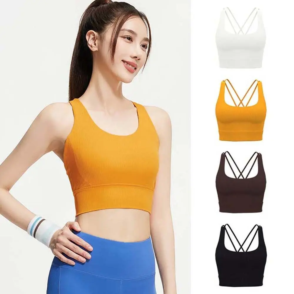 Crossover Patterned Women's Sports Yoga Bra Shockproof with Fixed Pads Yoga Underwear Bra Built-in Fixed Bra Brassiere