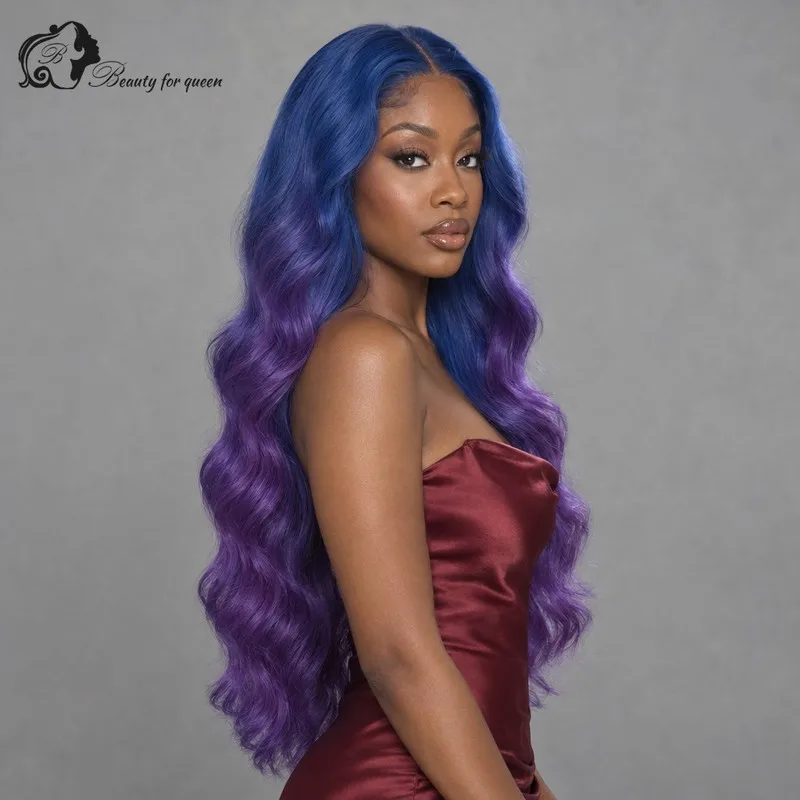 Premium Blue Purple Ombre Body Wave Wig Mid Length 180 Density Baby Hair Bold Silky Pro Shiny Sleek Wear And Go Deep Parting