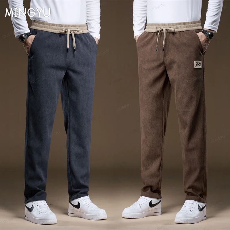 New Autumn Winter Soft Cozy Corduroy Pants Men Elastic Waist Thick Outdoors Sports Jogging Business Casual Trousers Male Gift