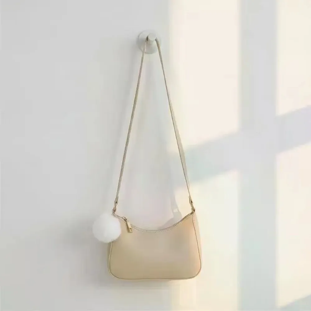 PU Leather Shoulder Bag with Faux Fur Pom-Pom Water Resistant Messenger Bag Detachable Charm Scratch Resistant Underarm Bag