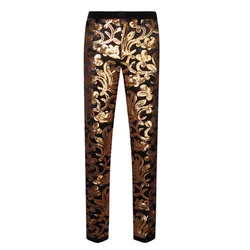 Men's Gold Sequins Velvet Suit Pants Wedding Banquet Shiny Embroidery Floral Trousers Singer Host Stage Expandable Waist Slim