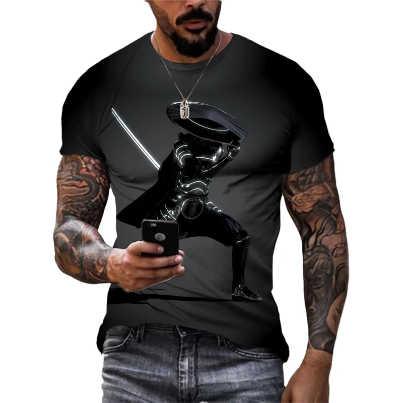 

Summer Men's Samurai Pattern Print T-shirt Handsome Street Hip-hop Round Neck Top Casual Fashion Personality Short-sleeved Cloth