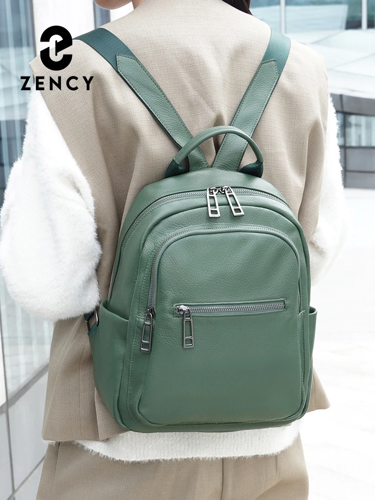 Zency Dark Green Genuine Leather Backpack For Women Large Capacity Travel Rucksack Knapsack For Ladies Satchel SchoolBag 2024