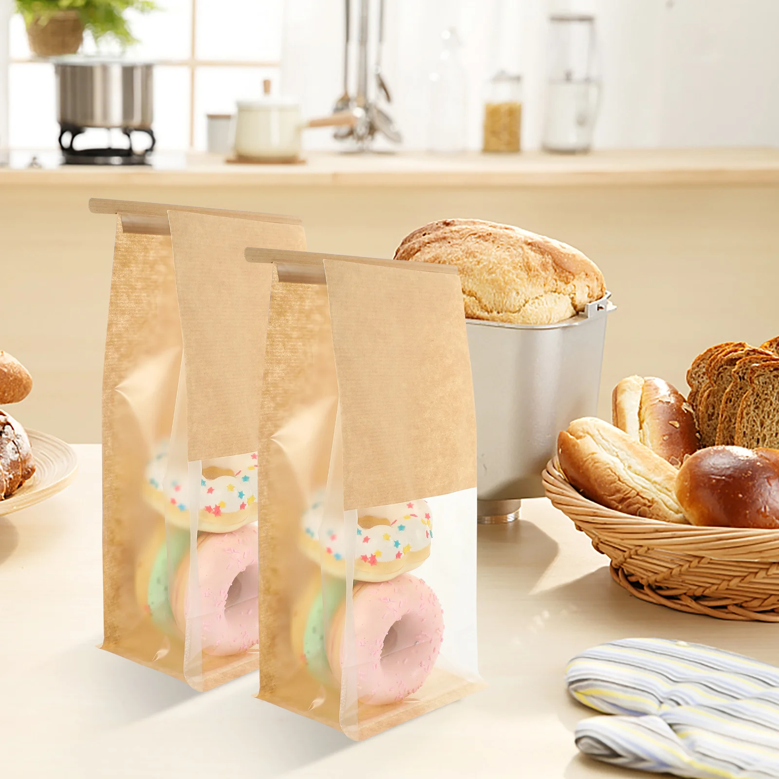 

50Pcs Kraft Paper Bread Bags Multi-Function Treat Bags for Cookies Pastries Baking Household Bread Bag Bakery Accessory