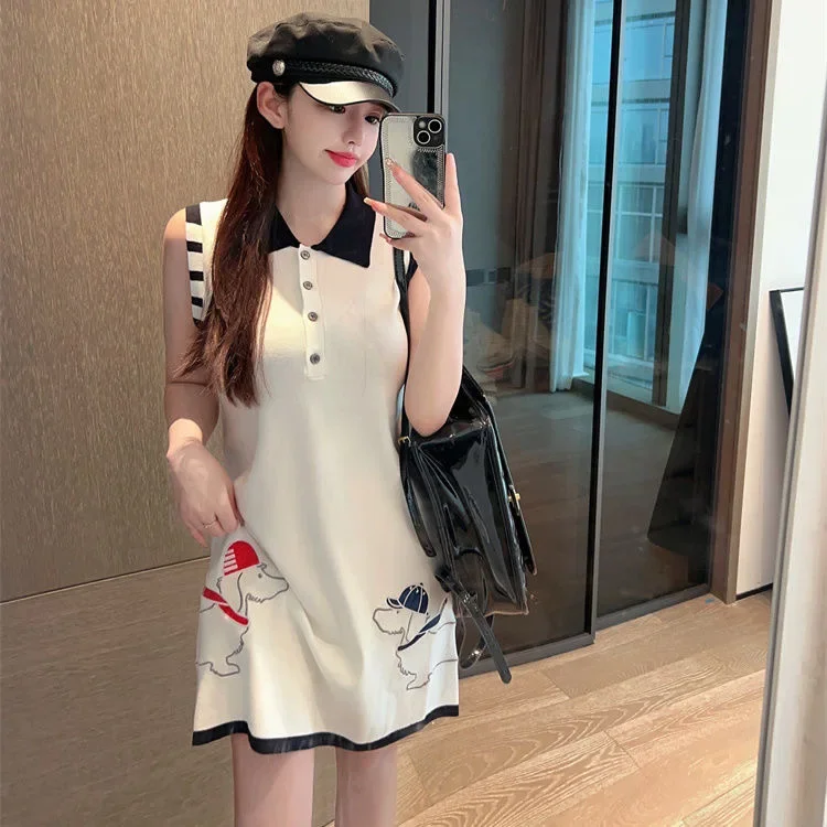 vibrationPuppy Embroidery Ice Silk Dress Women Golf Wear 2024 Summer New Golf Skirt Korean Golf Clothing Women Knit Polo Dress