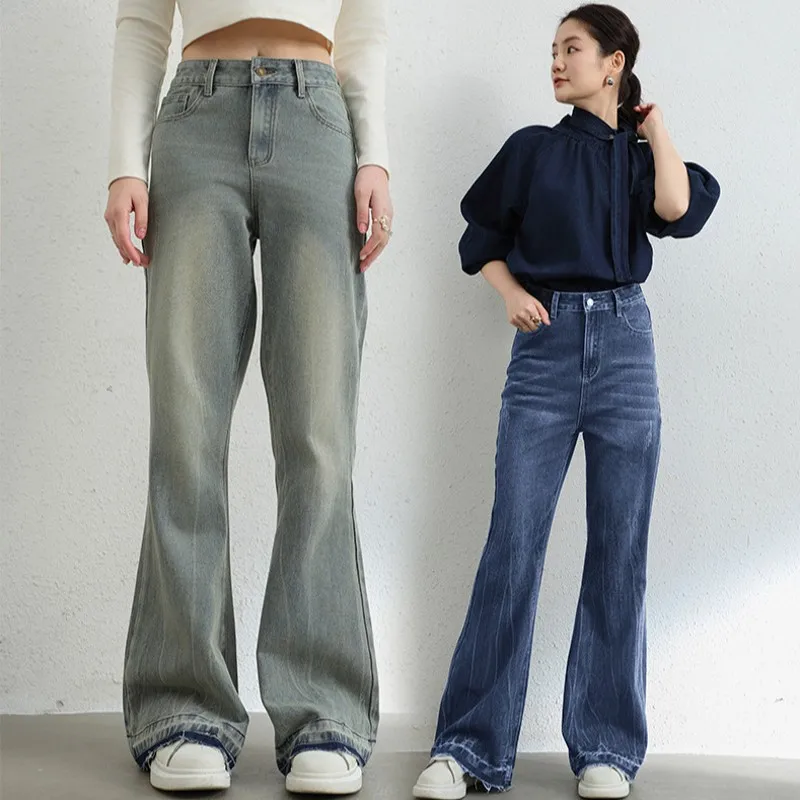 Autumn American Vintage Distressed High-Rise Micro Flare Jeans for Women Relaxed Slimming Longline Wide Leg Trousers