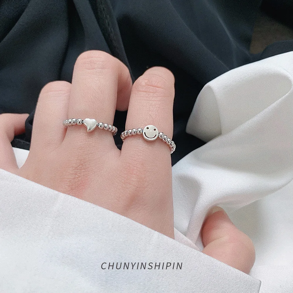 

S925 Sterling Silver Heart Smiley Face Bell Elastic Ring Women's Personality Round Bead Ring