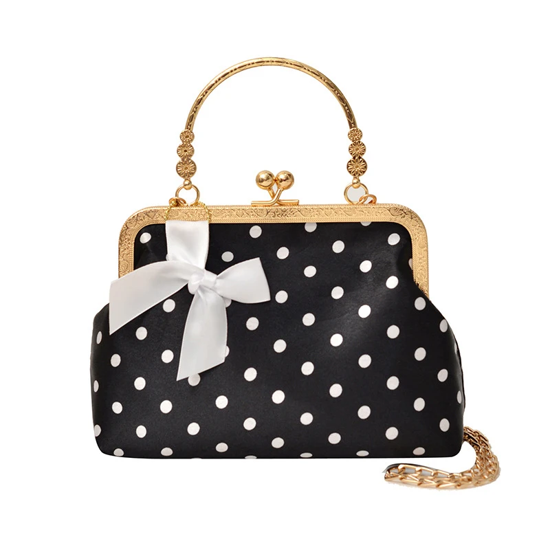 

Polka Dot Buckle Lock Handbag Cute Bow Decor Chain Crossbody Bag Elegant Exquisite Casual Purse Vintage Women Shoulder Clutch