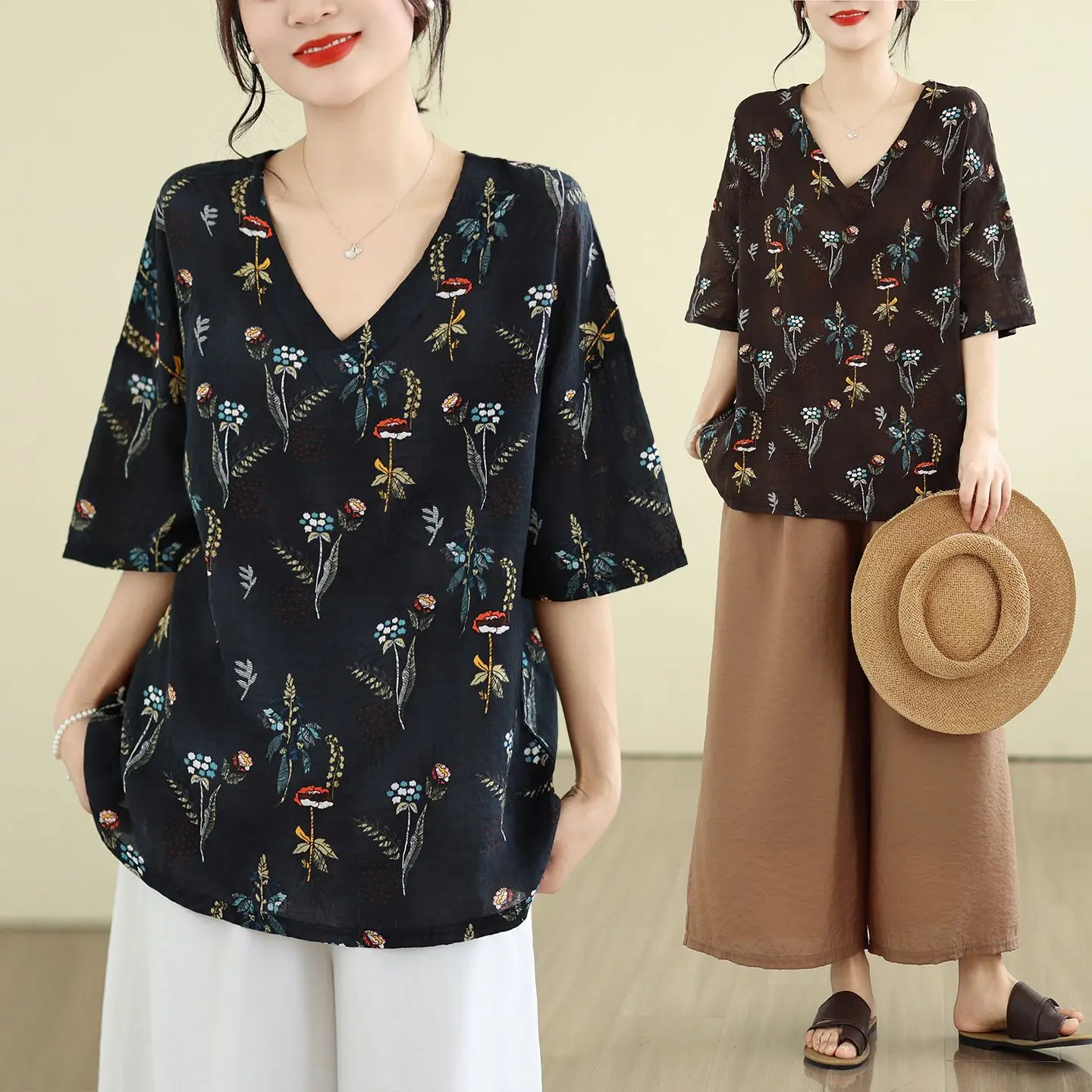 

Fashionable Cotton Linen Base Shirt Thin Short Sleeve V-Neck T-Shirt Women's Retro Summer New Arrival Commute Style Artistic