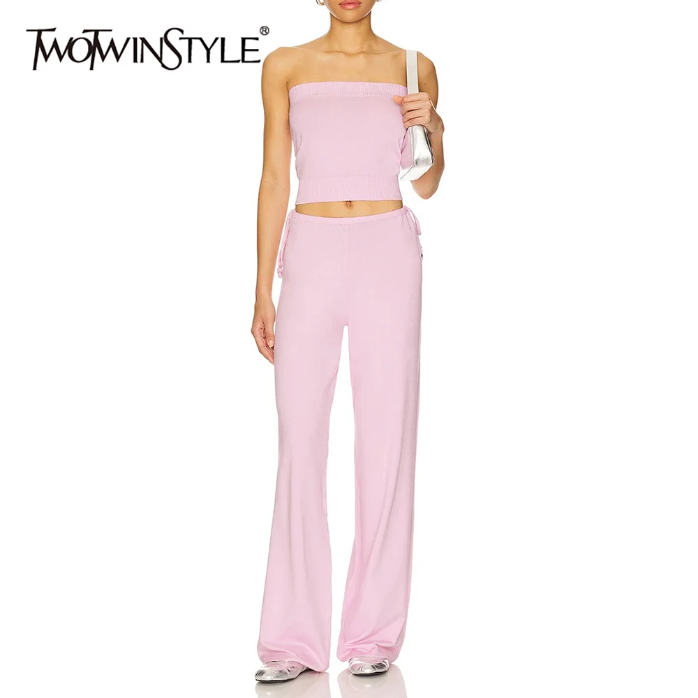 

TWOTWINSTYLE однотонный комплект из двух предметов для женщин, топ без бретелек без рукавов, прямые брюки со средней талией, уличный наряд, женский