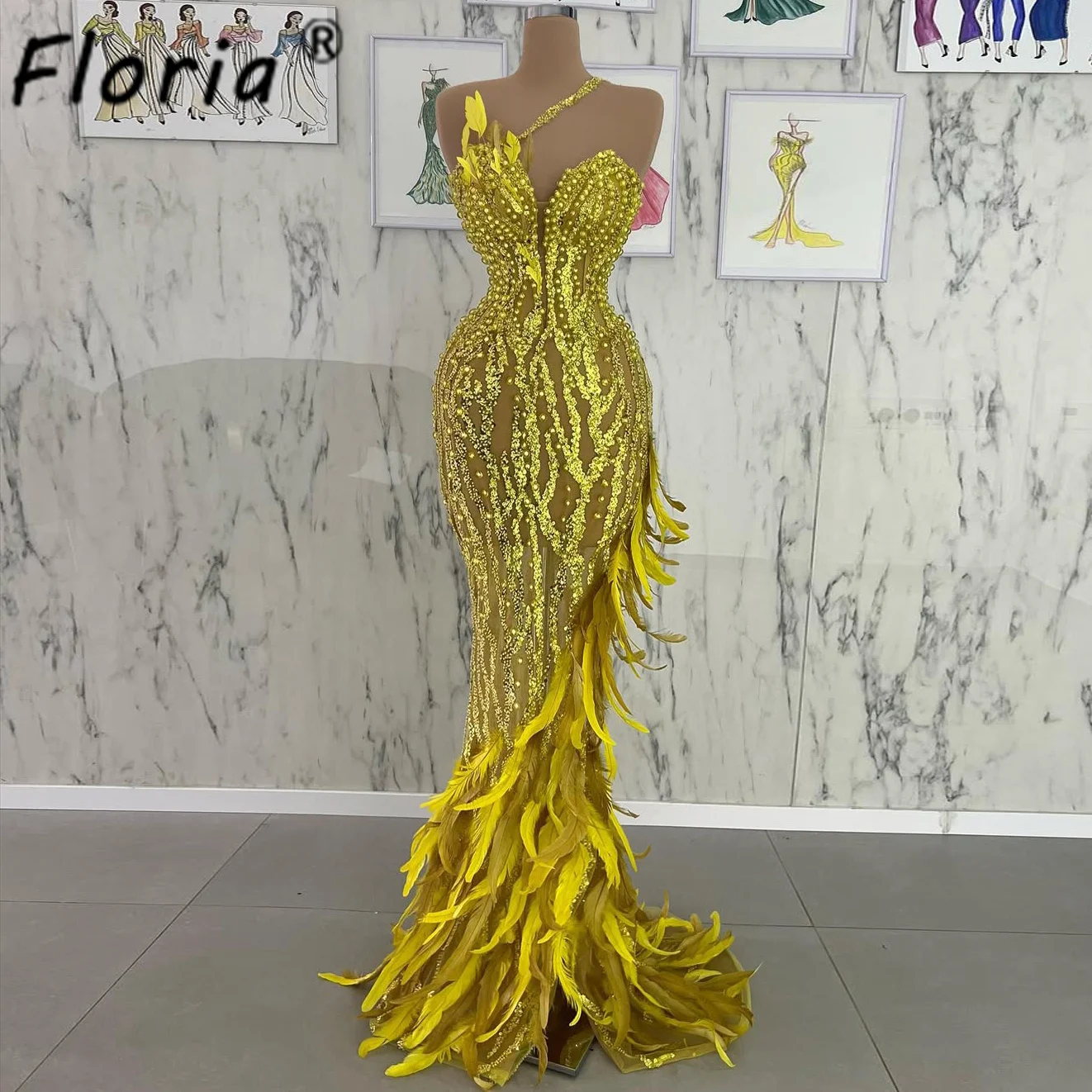 Exquisito vestido De fiesta De sirena con plumas doradas, cuentas brillantes, perlas, vestidos De noche sexys, vestido De cóctel personalizado, bata De boda 2025