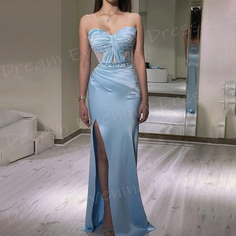 2025 Elegant Blue Mermaid Women\'s Evening Dresses Strapless Sleeveless Customized Prom Gowns Modern Side Split Vestido De Noche