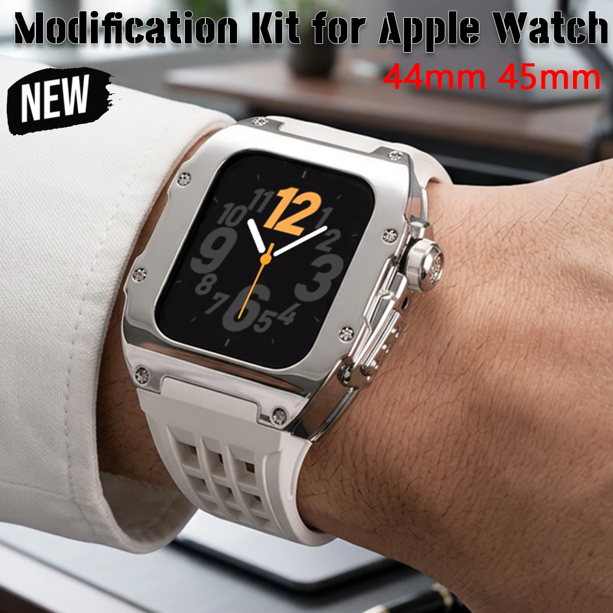 

Modification Kit for Apple Watch 44mm 45mm Luxury Fluororubber Strap/Rubber Band for IWatch Series 9 8 7 6 PC Case Steel Buckle