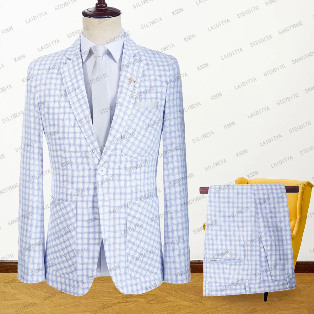 

2023 Fashion Men Suit 2 Pieces Coat Pants Leisure Costume Formal Business Set White Blue Check Notehed Lapel Linen Plaid Blazers