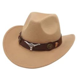 Felt Western Cowboy Hat Ox Head Accessories with Cow Band Tibetan Style Top Hat Ethnic Style Soft Roll Brim Cowgirl Cap Children