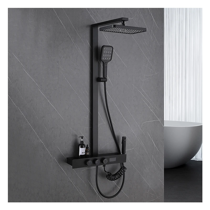 Luxury Bathroom Brass Rain Shower Set Wall Mounted Black Thermostatic Smart Digital Shower Set