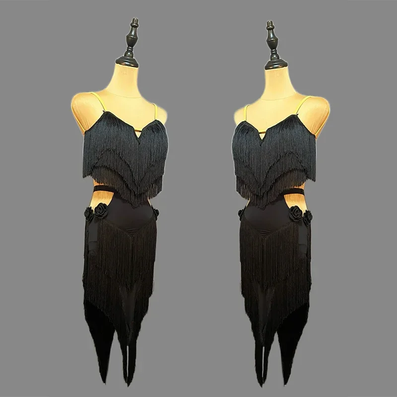 

Latin Dance Costume Women Black Tassels Tops Skirt Suit Samba Salsa Clothing Adult Dance Performance Practice Wear