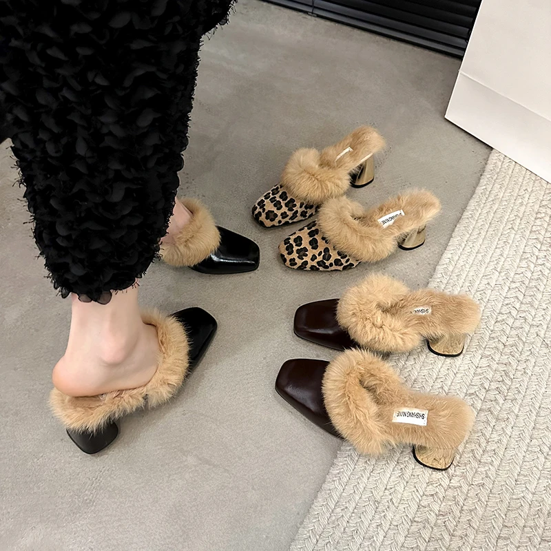 Winter Women Fur Mules Slippers Fashion Thick Heel Slides Ladies Outdoor Warm Cotton Shoes