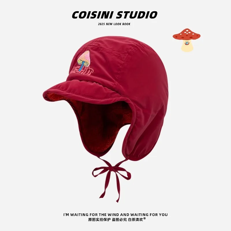 Ins لطيف الفطر المطرزة المخملية الطيار قبعات النساء الخريف والشتاء عادية الدافئة تنوعا حماية الأذن منفذها القبعات للرجال #5