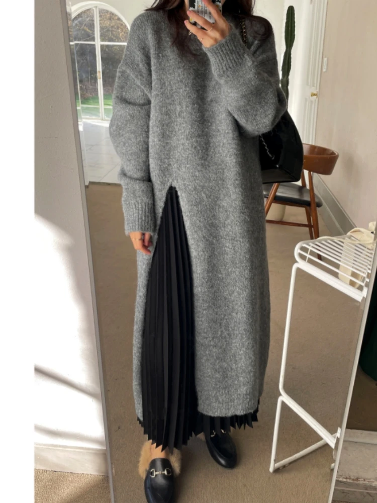 Winter Women Dress Oversize Dresses Knitting Fall Sweater Women Dress Long Sleeve Knitted Dresses Maxi Vintage Thick White Maxi