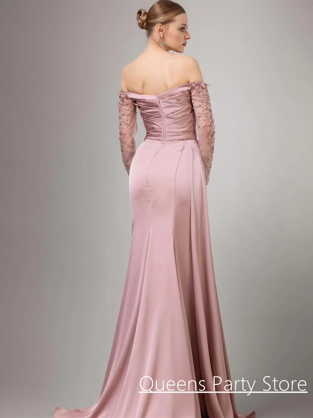 Pink Evening Dress Customized Long Sleeves Sweetheart Beading Sequin Pleat High Slit Satin Mermaid Prom Gown Party Dresses
