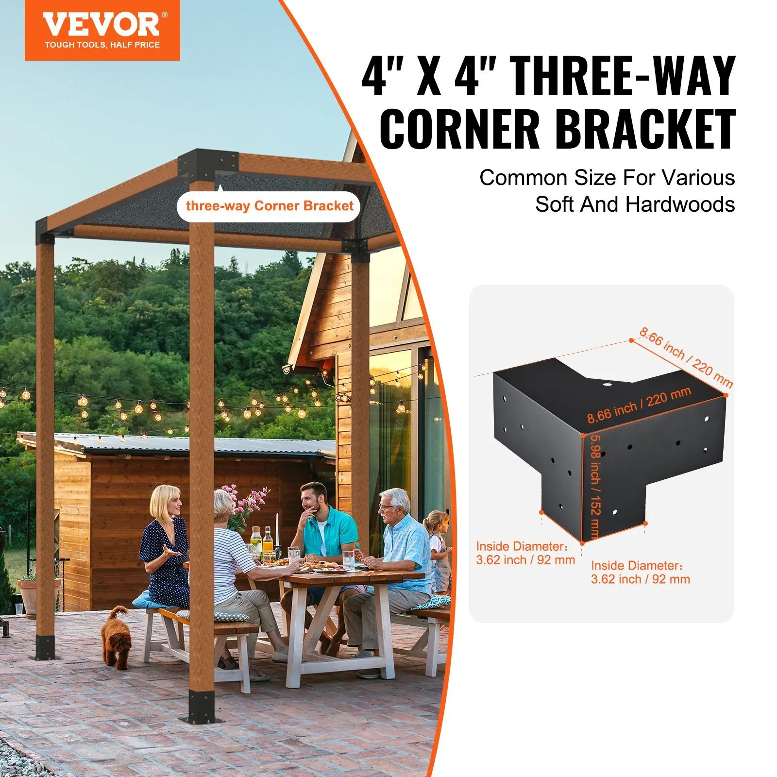 VEVOR Pergola Bracket Kit 4''x4'', 4pcs 3-Way Heavy Duty Corner Bracket Woodworks DIY Post Base Kit, Easy Installation Wooden Be