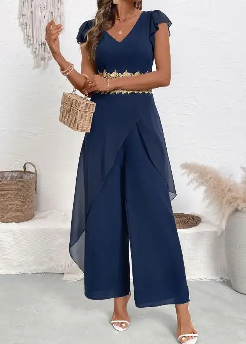2025 New Summer Casual Simple and Elegant Lace Patchwork V-Neck Jumpsuit