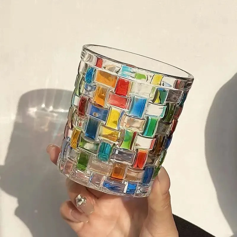 NONE Blingbling Bierglas refracts Rainbow Light Antikglas Ins handgezeichnetes quadratisches Gitter gewebtes Glas Wasserbecher Saftpartybecher 4