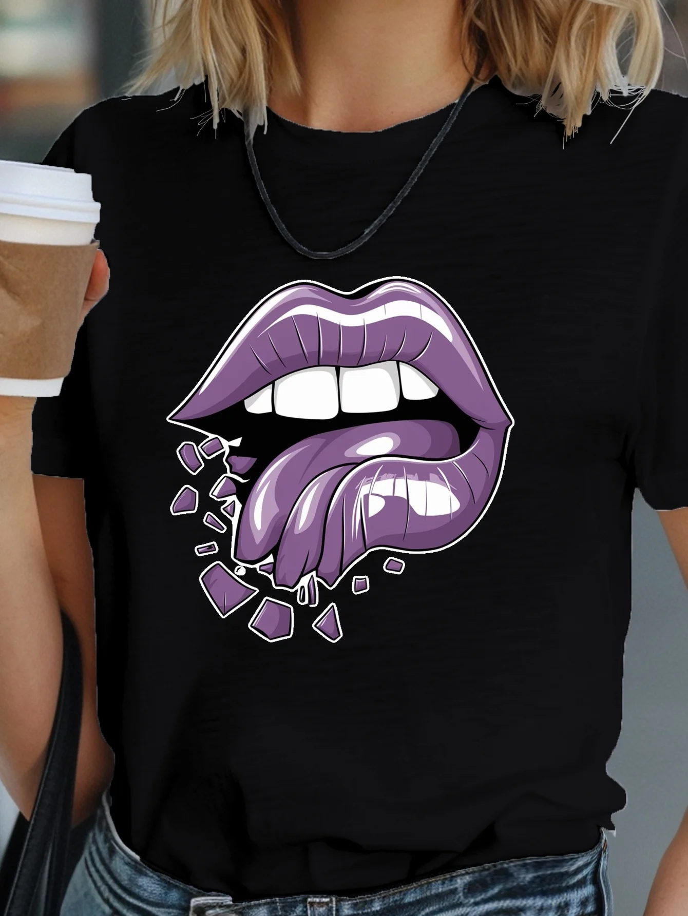 

Стилизованная женская футболка с фиолетовыми губами и распадами в стиле Харадзюку, повседневная одежда с короткими рукавами, уличные футболки, эстетичная одежда