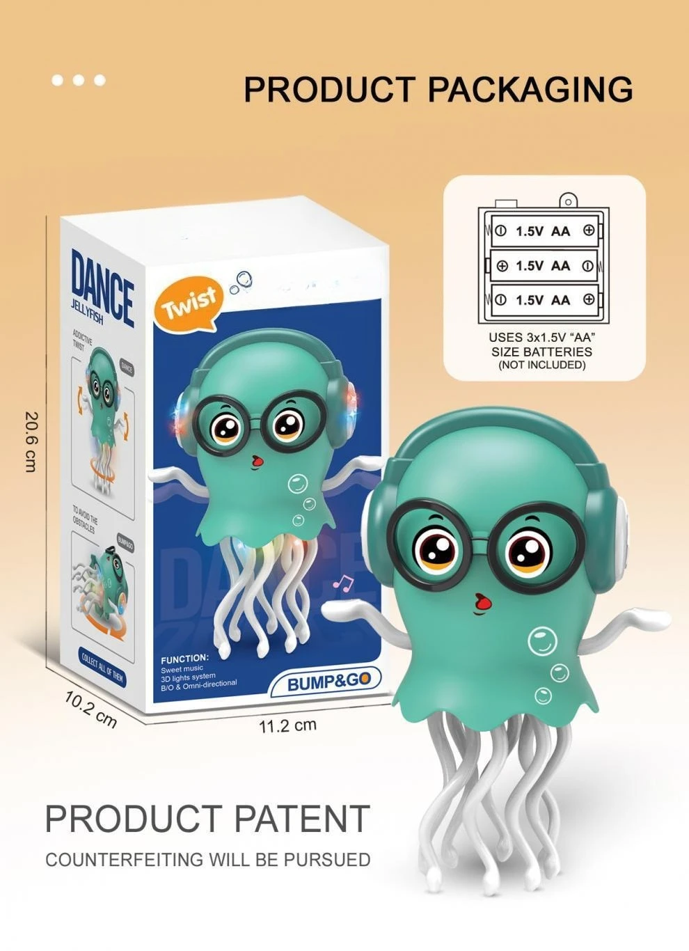 لعبة تخفيف الضغط للأطفال على شكل أخطبوط قنديل البحر الراقص السحري، استشعار تلقائي لتجنب العوائق