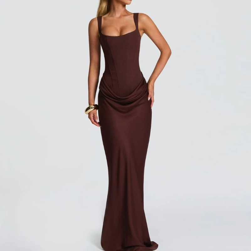 

Deeptown Elegant Sling Dresses Women Sexy Square Neck Sleeveless Brown Maxi Party Dress Off-shoulder Black Slim Evening Dresses