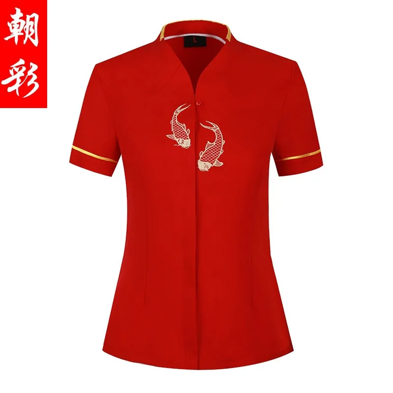 Uniforme chinês de manga curta para restaurante e hotel, macacão masculino e feminino, restaurante e garçom, panela quente, jantar e casa de chátea, verão