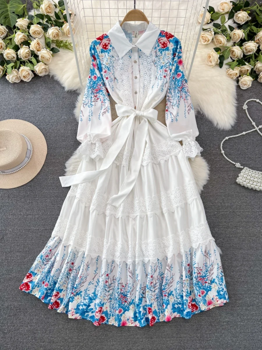 Retro Court Sle Lantern Long Sve Collared Waist Cinched Slim A-Line Lace Patchwork irt Dr Ele Midi Skirt